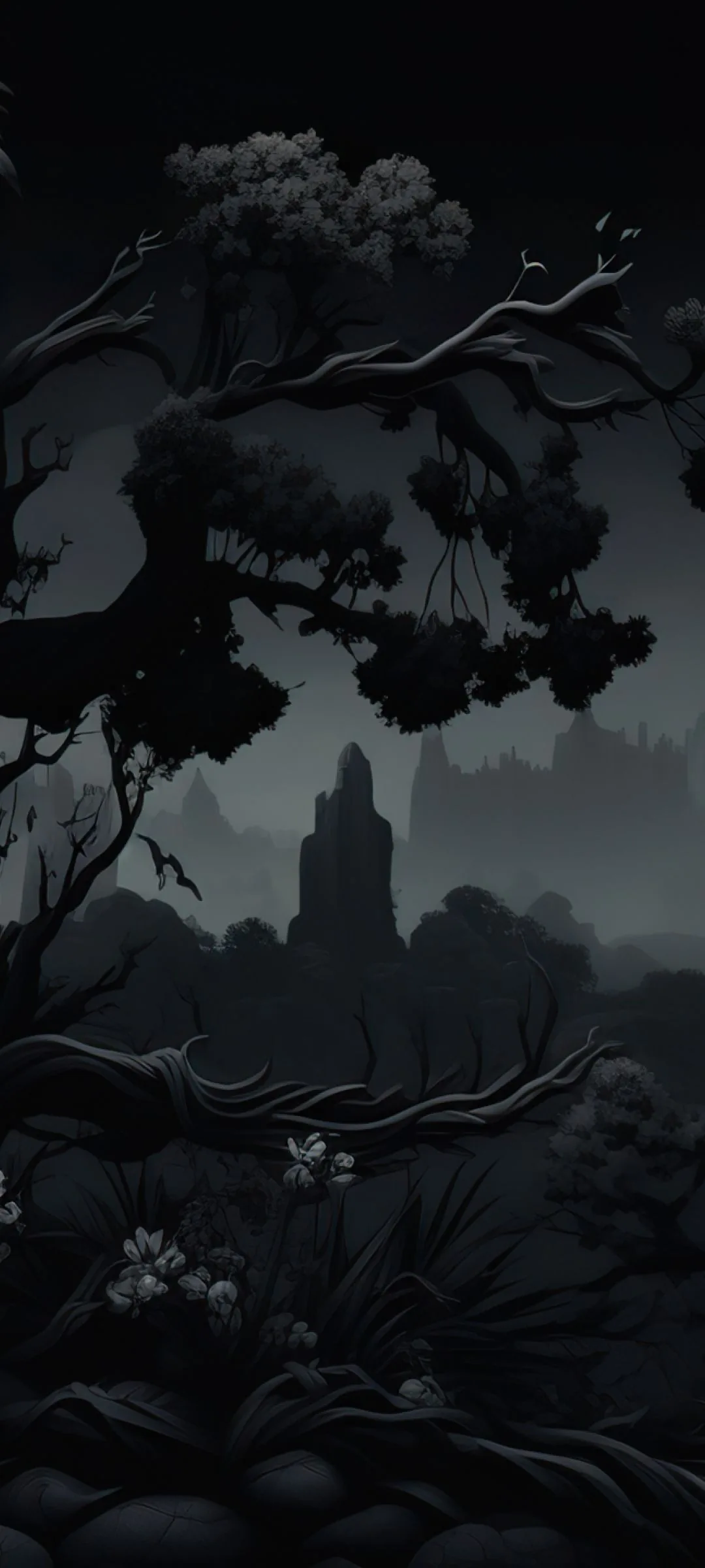 Twisted branches and heavy foliage arch over the frame like a window, a castle spire barely readable through grey mist in the gap, ferns and pale blossoms crowding the bottom.