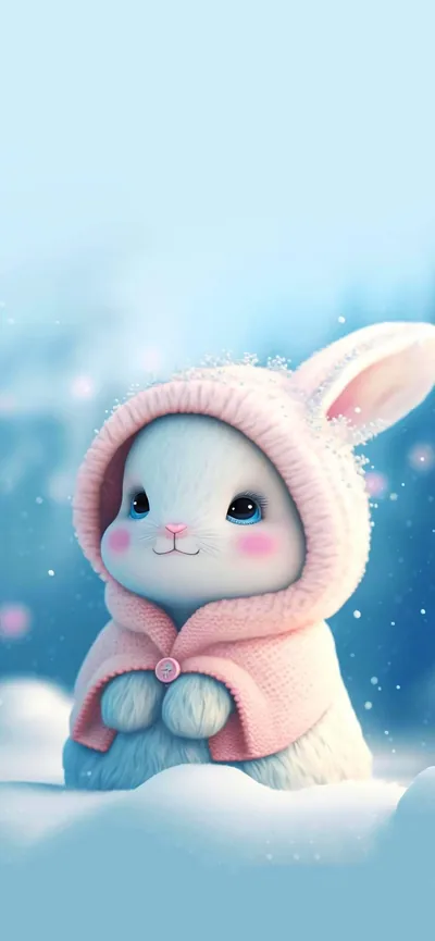A small bunny in a pink hooded coat sits in falling snow, the blurred blue upper half left soft and open for the clock.