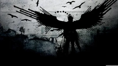 A black-winged figure with a drawn bow stands against a scratched, weathered wall texture as crows scatter across the top of the frame.