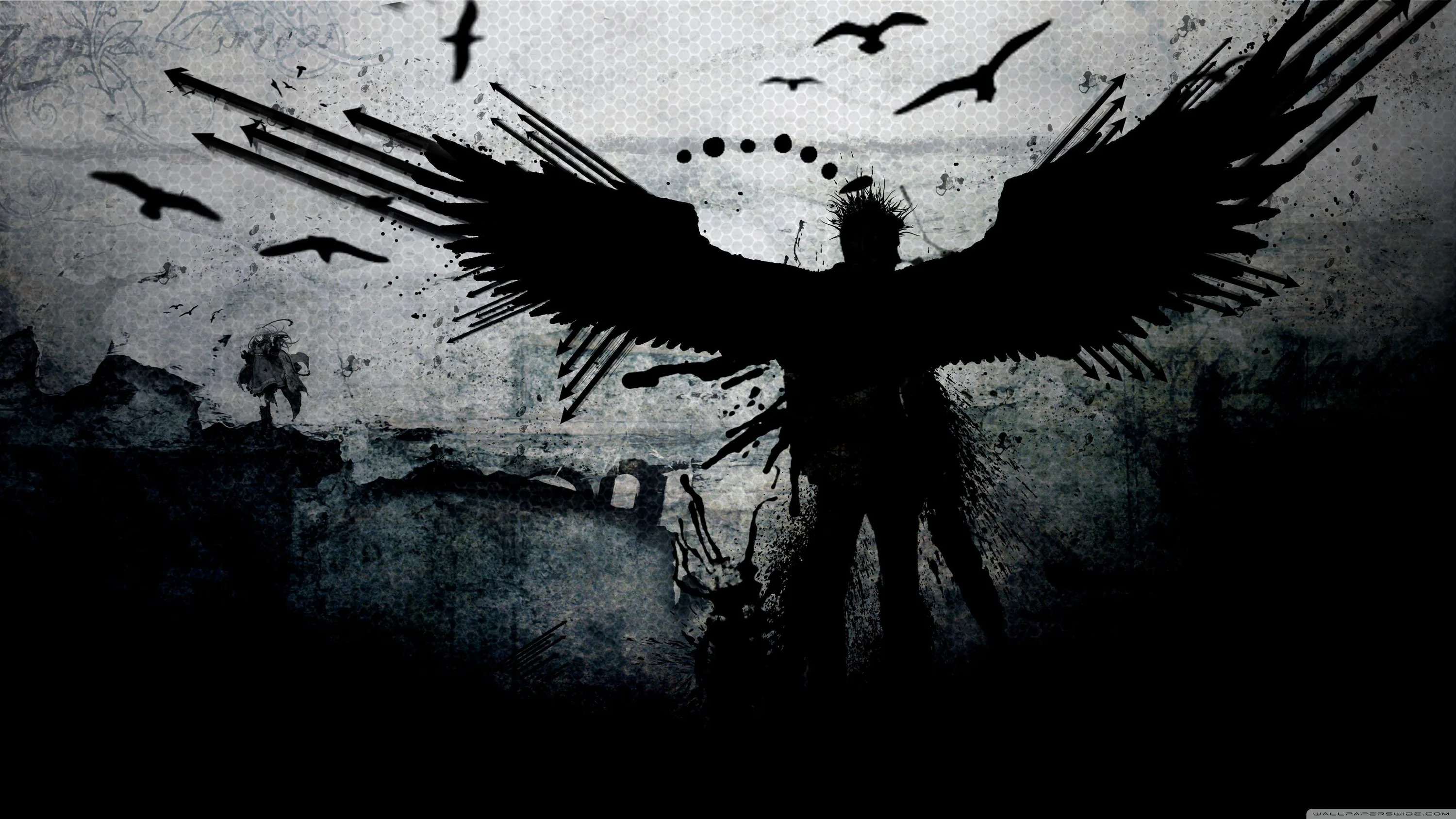 A black-winged figure with a drawn bow stands against a scratched, weathered wall texture as crows scatter across the top of the frame.