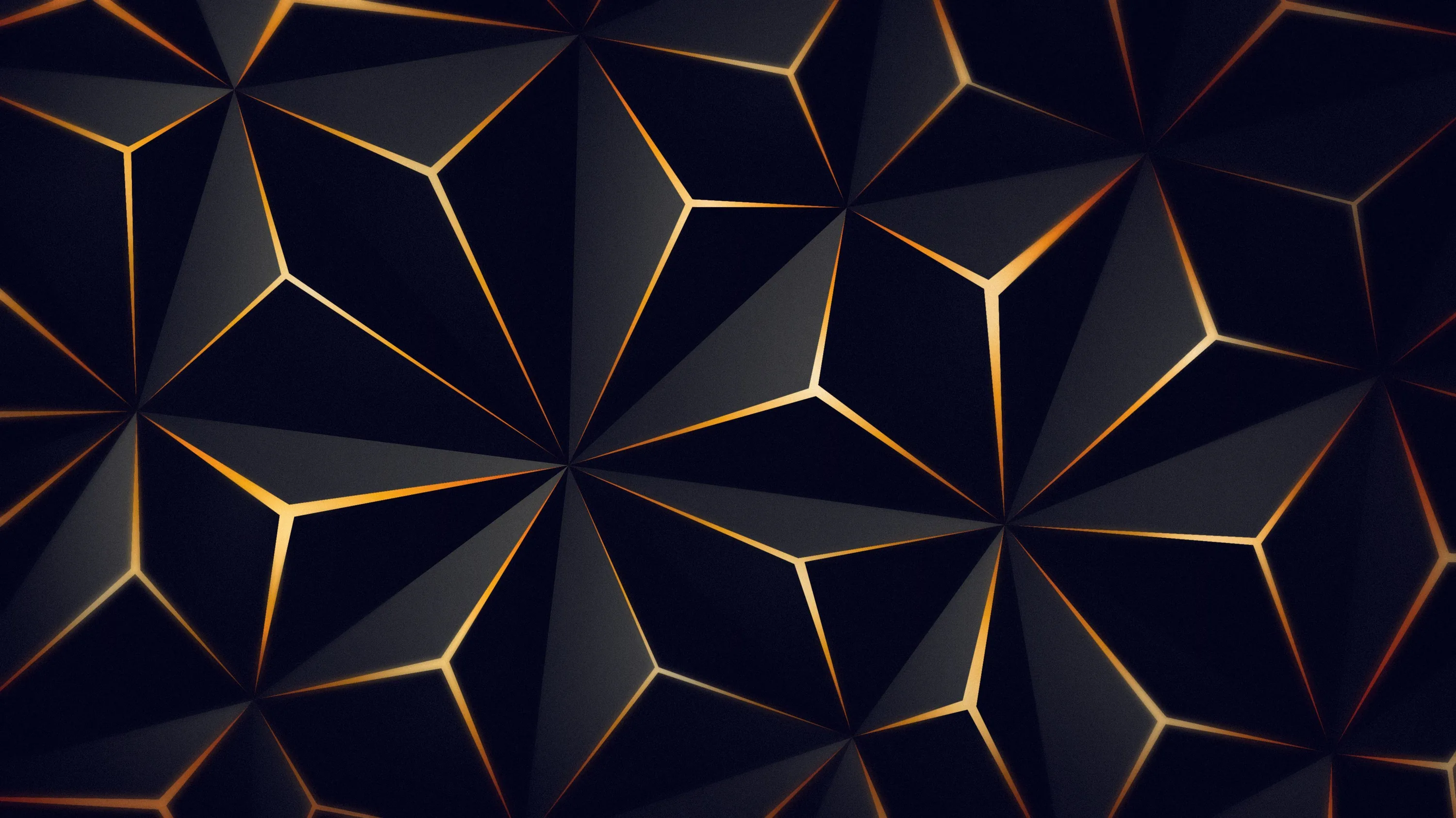 Dark navy triangles tile the frame in a low-poly pattern, thin gold seams tracing every edge and pooling brightest through the middle.