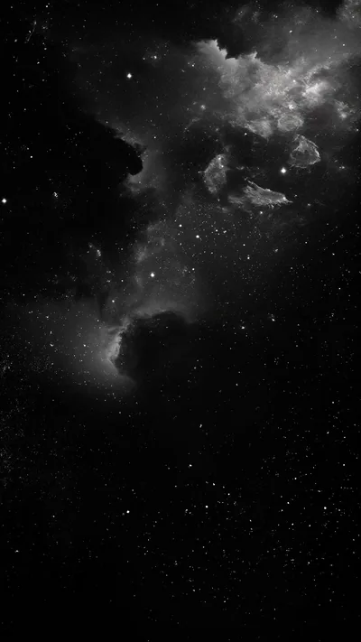 Grey nebula clouds spread across a monochrome starfield, thickest in the upper half so the bottom of the screen stays nearly black under app icons.
