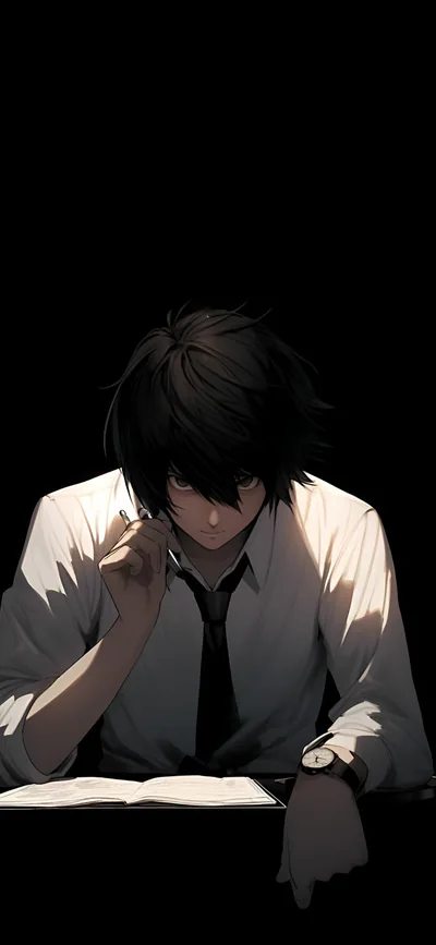 A dark-haired boy in a white shirt and loose tie leans over an open book, light falling only on his face and hands while the top half stays black.