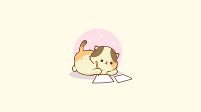 A plump calico lies flat over two paper sheets at centre right of a cream field, leaving the whole left half bare for desktop icons.