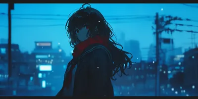 Her red scarf is the one warm note in a blue dusk cityscape, wires and rooftops blurring behind her across the wide cinematic frame.