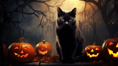 A black cat sits upright in front of a fogged graveyard, four lit jack-o-lanterns flanking it and bare branches framing the moon overhead.