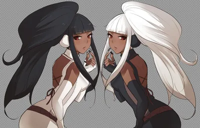 One with black hair, one with white, both in matching brown and cream bodysuits, drawn on a transparent checkerboard with no background at all.