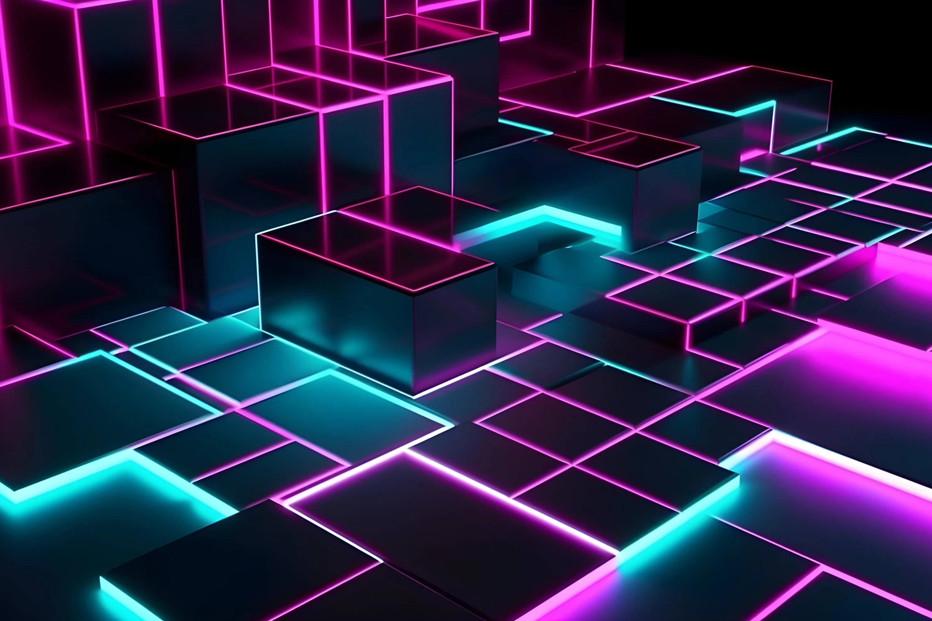 Dark 3D slabs at shifting heights carry pink and cyan light along their seams, an even geometric texture that reads the same behind a full grid of icons.
