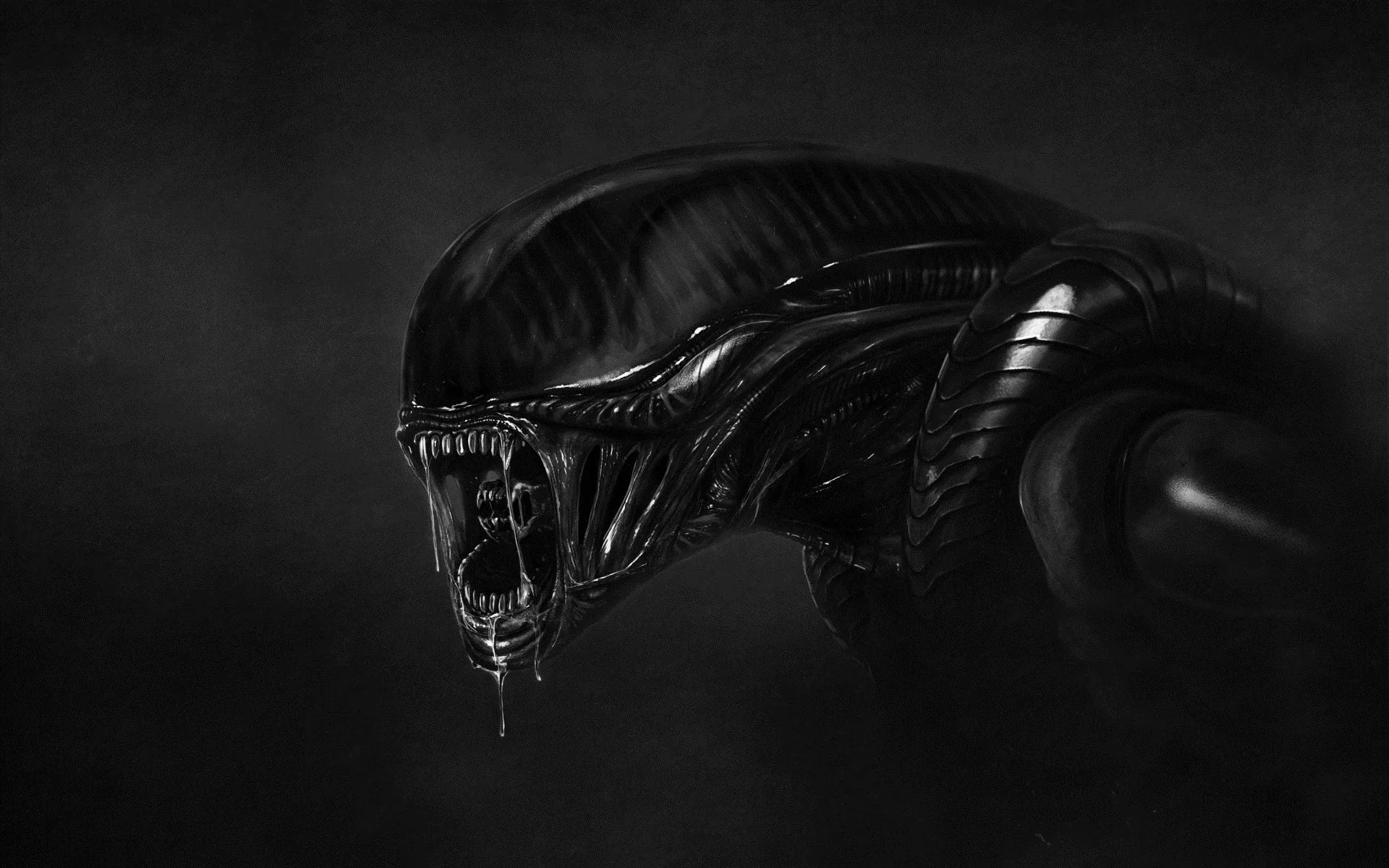 A ridged elongated head faces left with teeth bared, painted in grey on a smoky dark background.