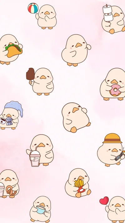 Small ducklings holding tacos, drinks and ice cream scatter evenly over pale pink, a print where the status bar needs dark text to stay visible.