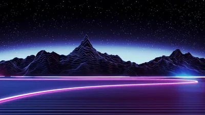Wireframe peaks stand against a starry sky with pink and blue light streaking across a glowing grid below.