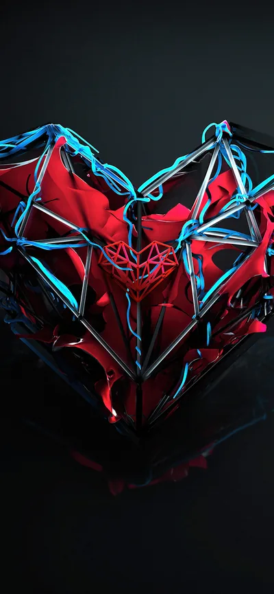 A faceted heart in deep red is wrapped in strips of blue and cyan light, floating above its own reflection on a dark glass floor.