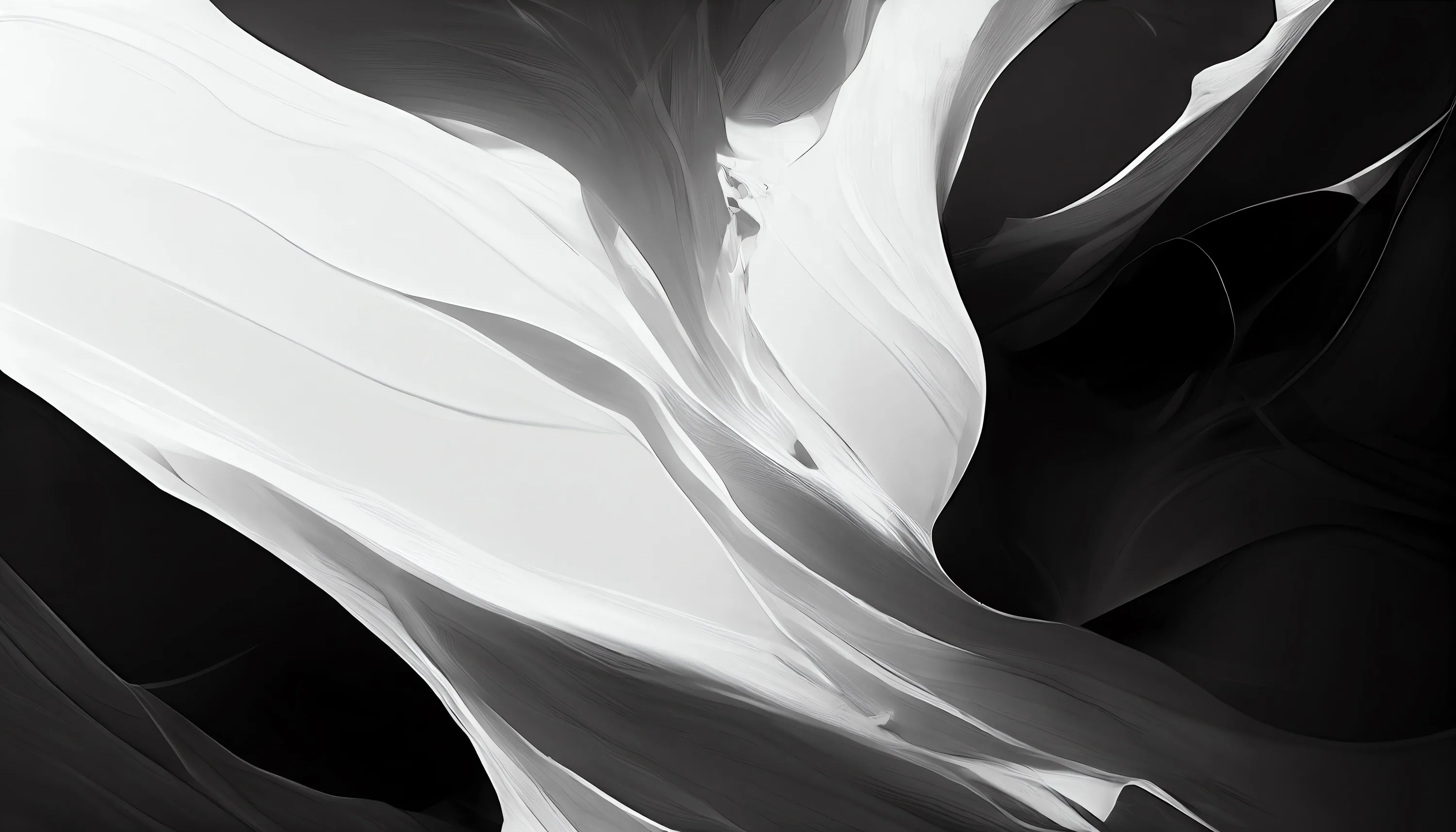 Smooth white folds sweep up from the left in high-contrast monochrome, the right side falling into deep unbroken shadow.