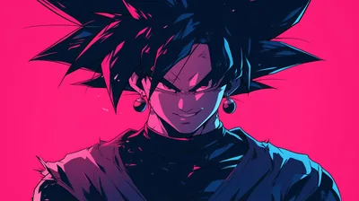 A sketchy navy silhouette of the smirking Saiyan sits low in the frame on flat hot pink, leaving the entire upper band clear for a clock.