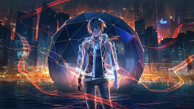 A boy in a light-lined jacket stands before a huge faceted dark sphere, red light ribbons swirling over the glowing city towers behind him.