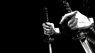 Two white-gloved hands pull katana from their sheaths in hard monochrome, blade edges catching light while the upper half stays solid black.
