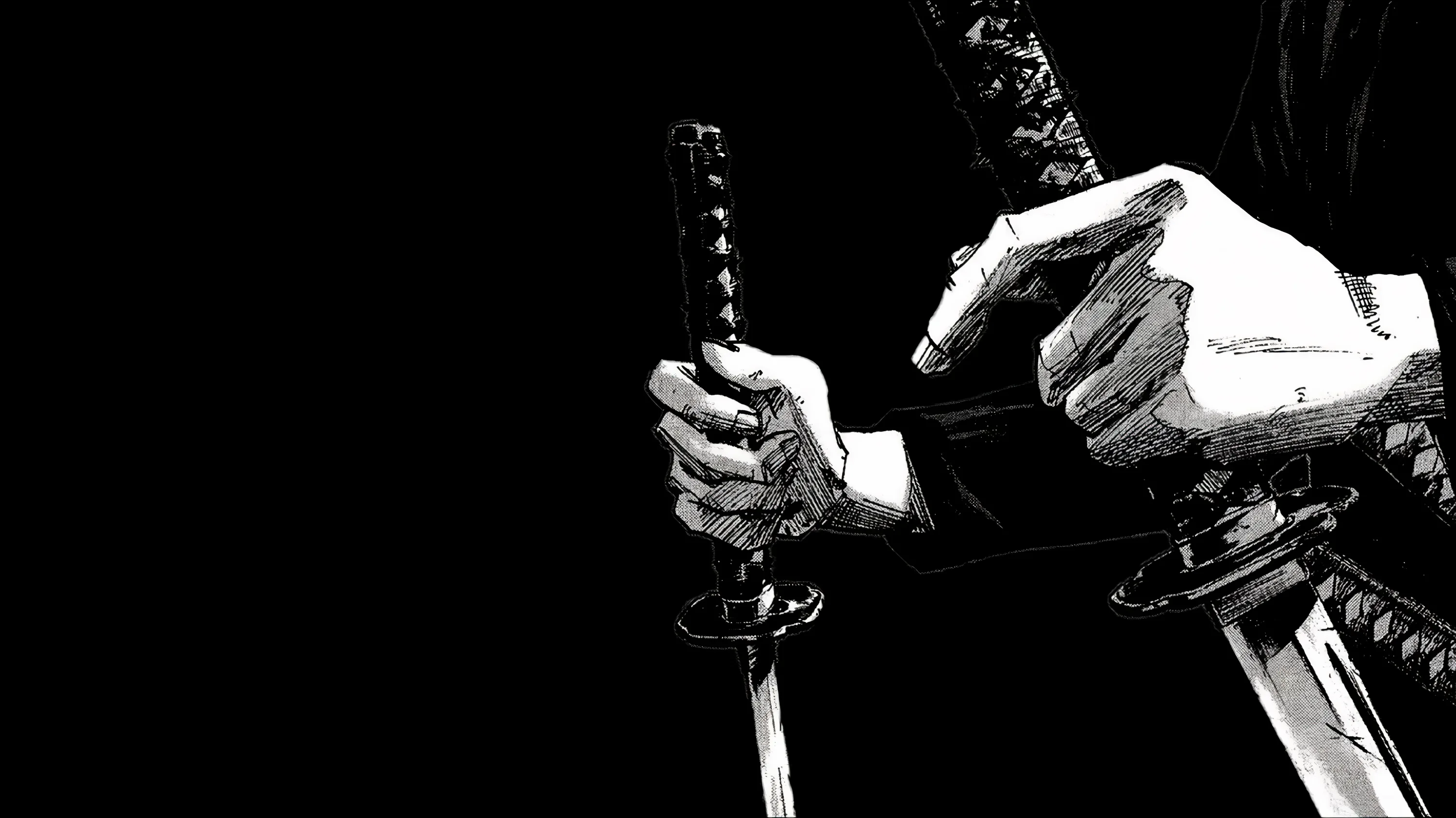 Two white-gloved hands pull katana from their sheaths in hard monochrome, blade edges catching light while the upper half stays solid black.