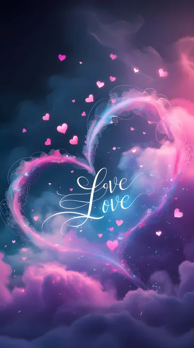 The word love in white cursive sits at the centre of a heart traced in pink and turquoise smoke, small hearts drifting up through layered clouds.
