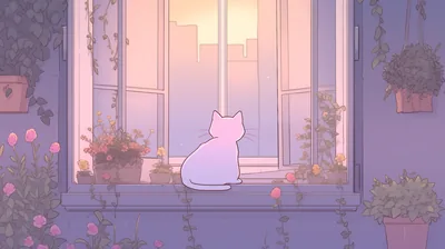 From a plant lined windowsill a white cat faces the open window, peach skyline glowing between lavender walls that stay dim enough for white desktop text.