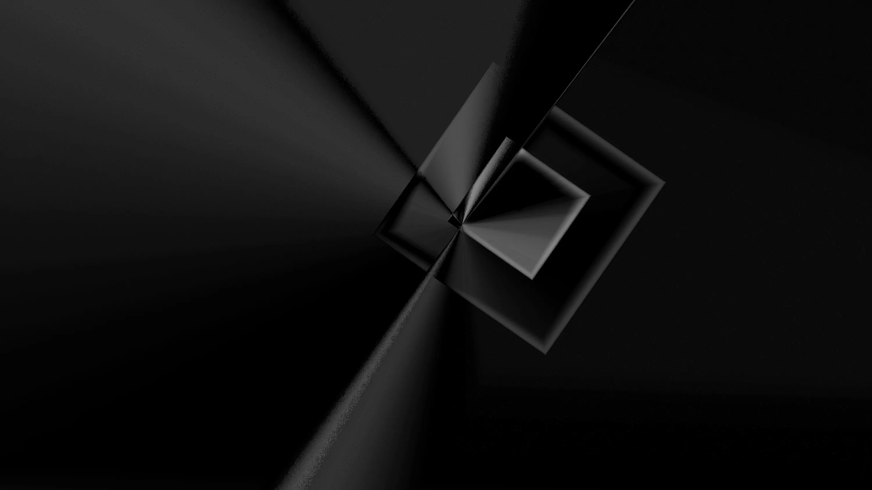 A single crease splits the frame into two black planes and a small raised square sits just right of centre, the only shape catching light.