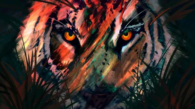 A tiger stares straight out through blades of grass, amber eyes sharp while the fur is broken into loose strokes of rust, teal and violet.