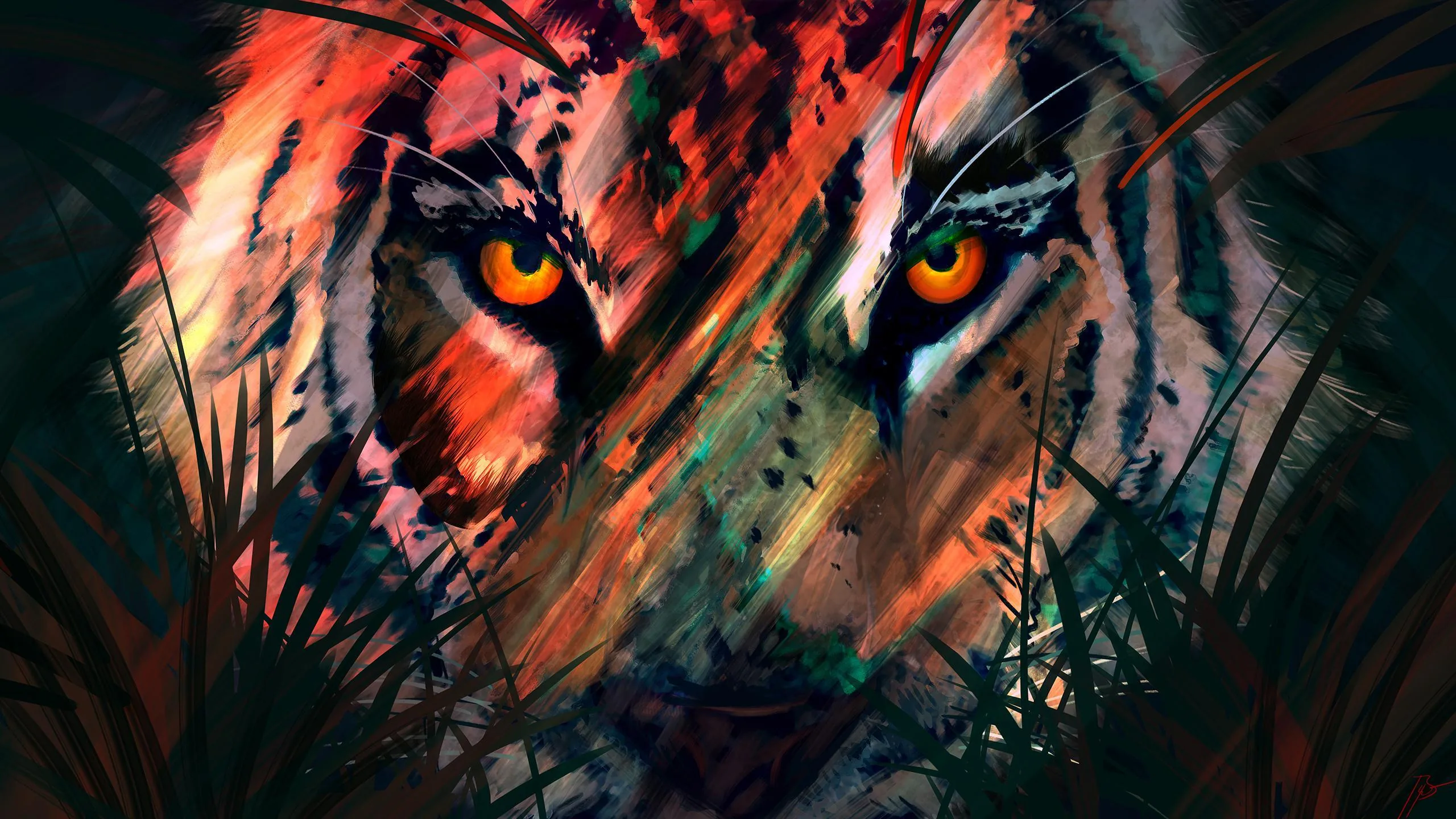 A tiger stares straight out through blades of grass, amber eyes sharp while the fur is broken into loose strokes of rust, teal and violet.