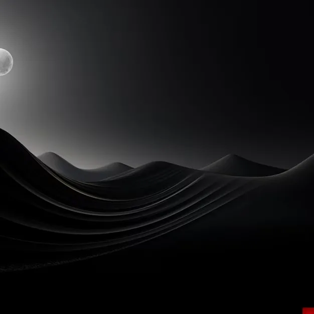 A pale disc burns through haze at the upper left, throwing a long soft sheen across the curved black slopes beneath it.