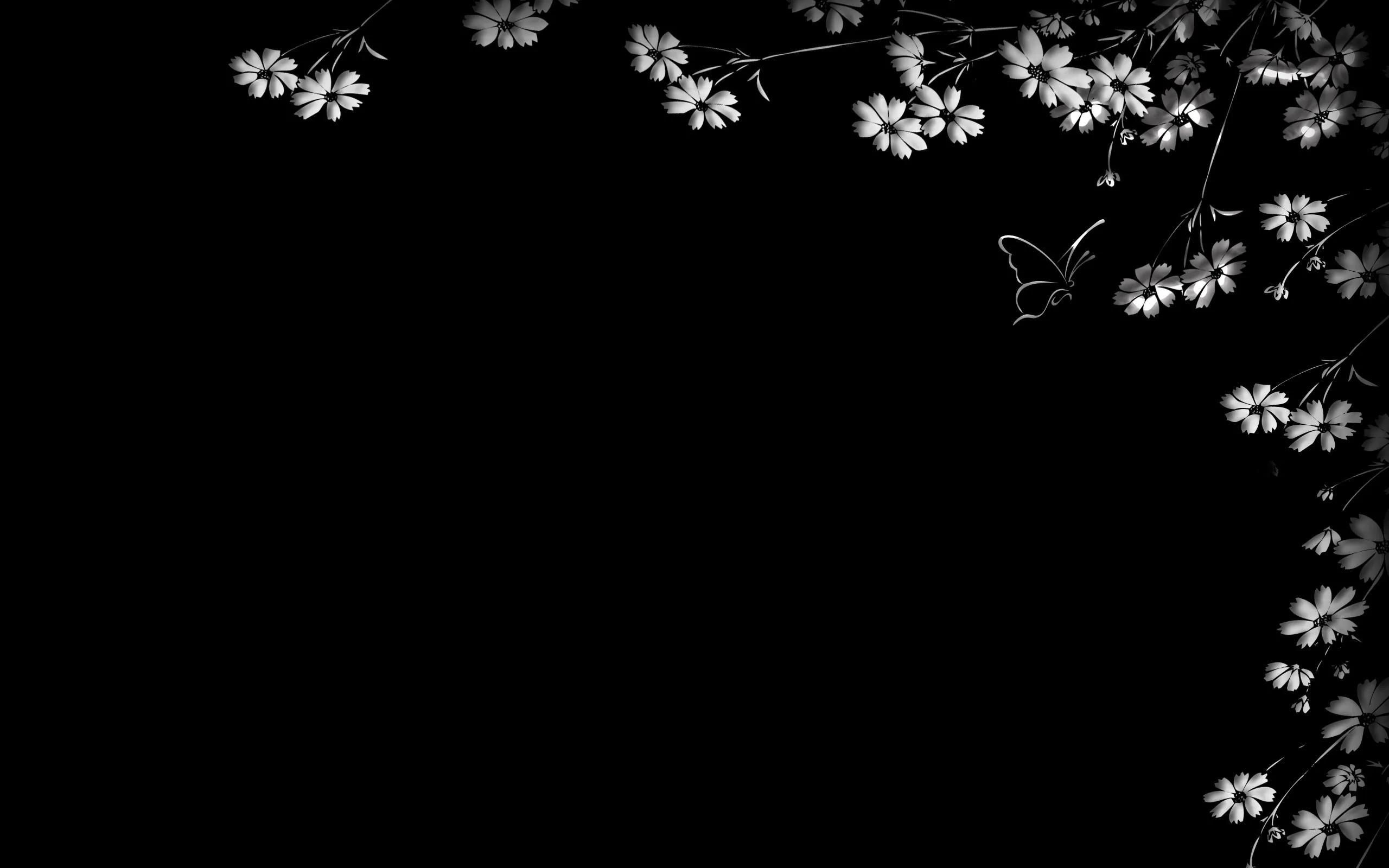 Cosmos flowers and a small butterfly hang from branches in the top-right corner in grey and white, the rest of the wide frame left empty.