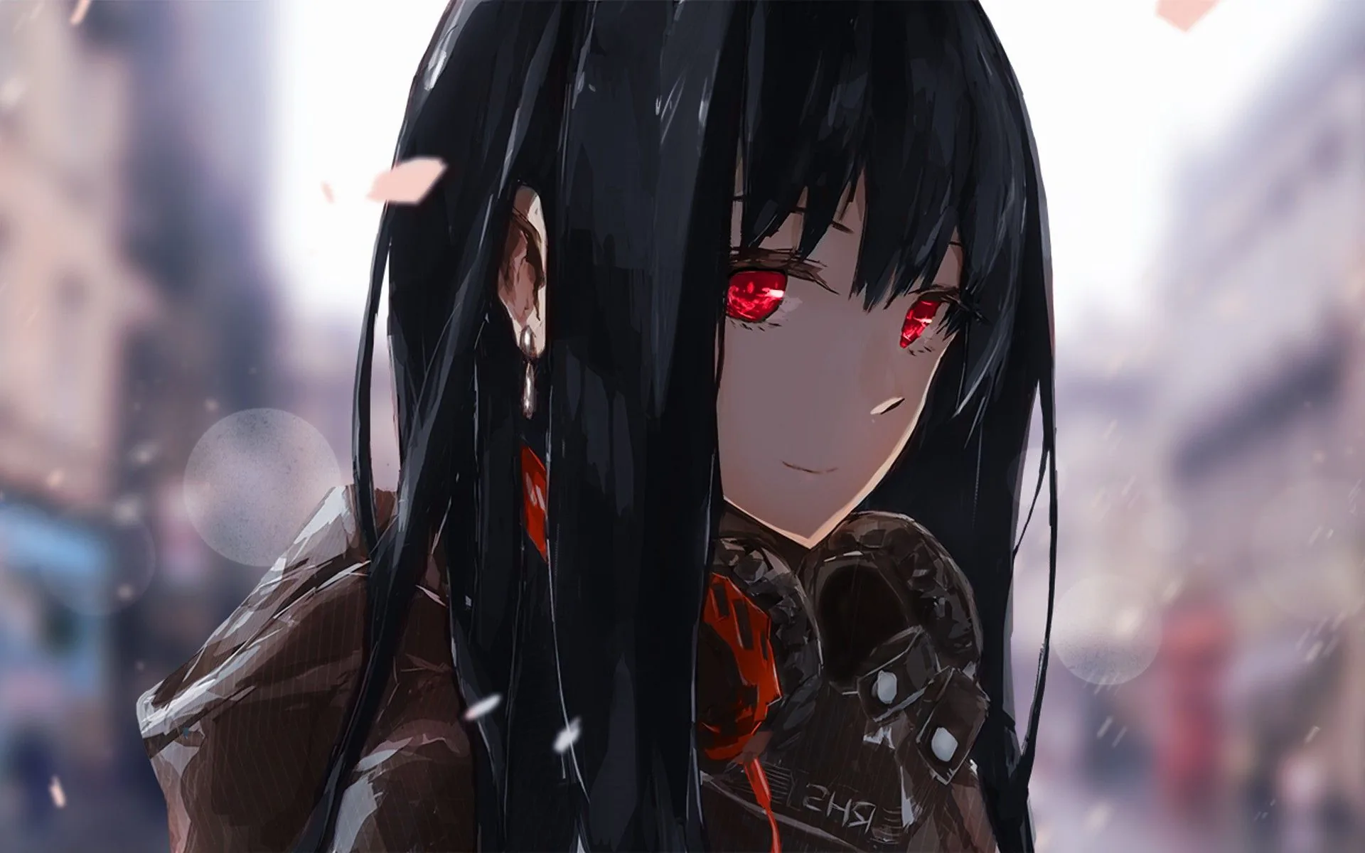 Long black hair and crimson eyes stay sharp while the city behind melts into pale bokeh, a few petals drifting past her brown jacket.