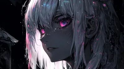 A close portrait of a girl with damp silver hair and glowing violet eyes, water beading on her skin in the near dark.