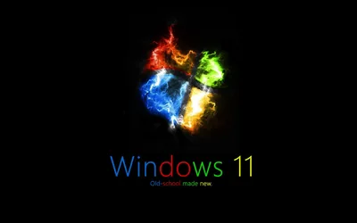 The window mark burns in blue, red and green flame above the Windows 11 name on a black ground.