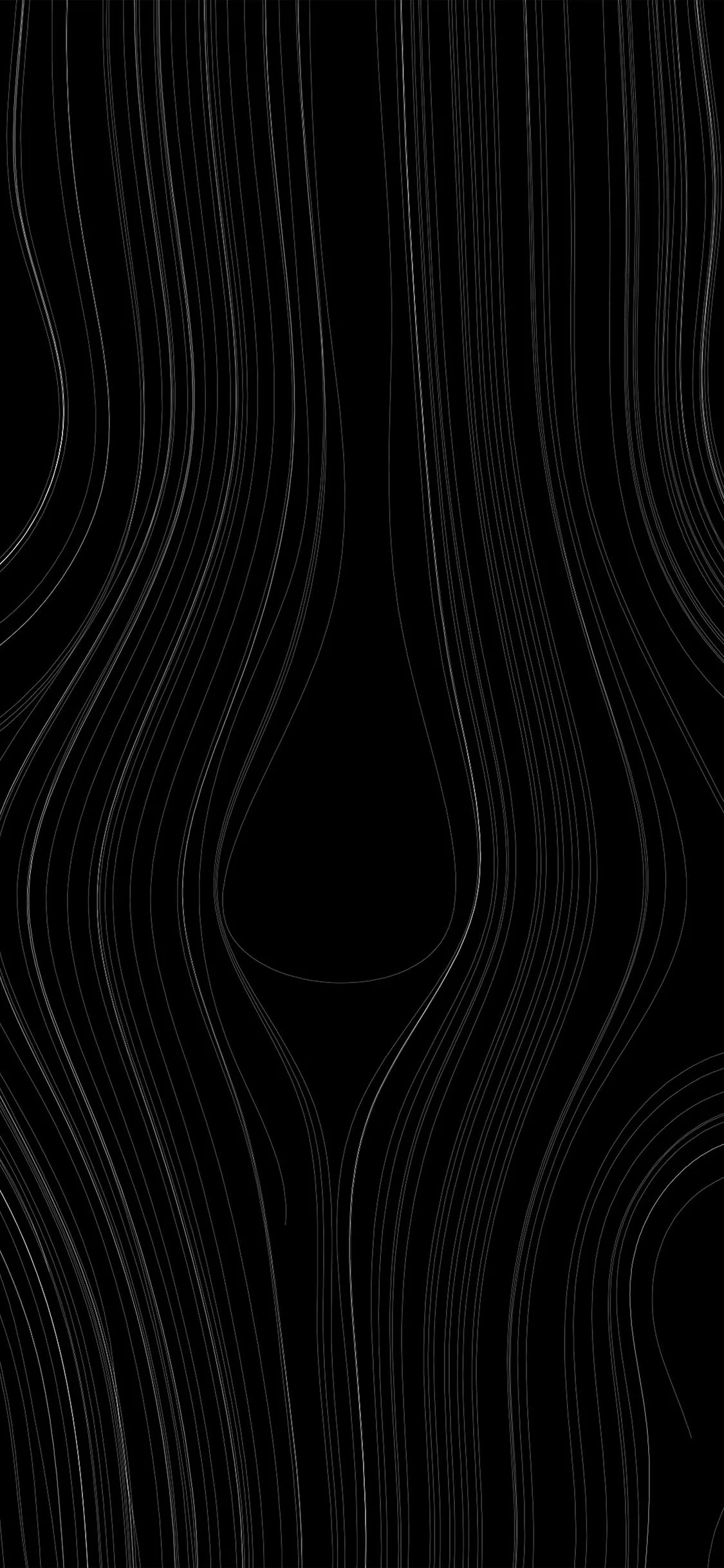 Hair-thin white lines curve down the frame like wood grain, pulling apart around a dark hollow in the middle and closing again below it.
