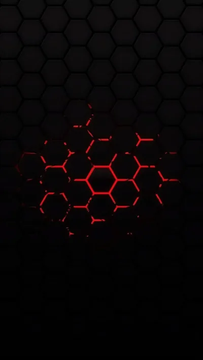 A honeycomb grid sits dark at the edges and burns molten red through the middle, the cells lighting each other like cracked circuitry.