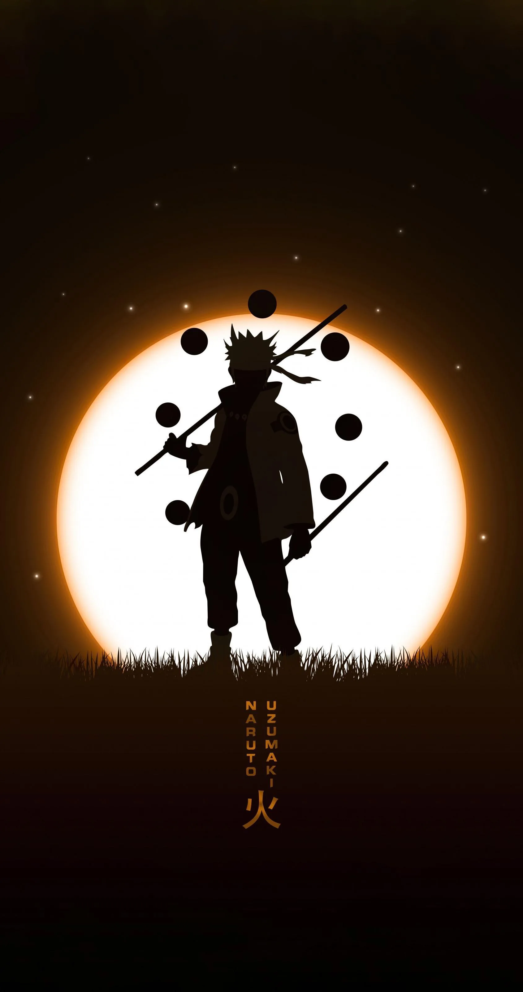 A backlit figure with floating black orbs stands in tall grass, the sun a soft orange disc behind and a red kanji at the bottom.