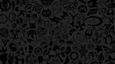 Dozens of game and console emblems repeat across the whole frame in barely lighter charcoal, flat enough to sit behind desktop icons.