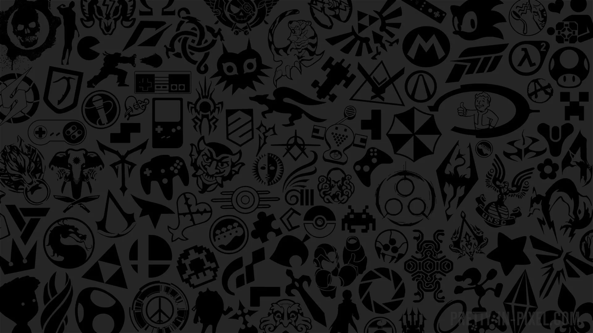 Dozens of game and console emblems repeat across the whole frame in barely lighter charcoal, flat enough to sit behind desktop icons.