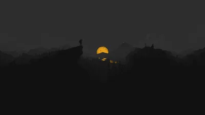 An amber moon lifts behind hazy black hills, a lone figure standing on the outcrop at the left as the only detail in the murk.