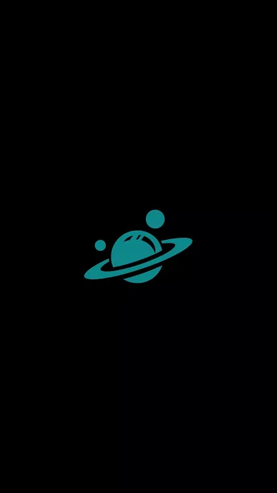 A flat teal planet with a tilted ring and two small moons sits alone mid-screen, black margins above and below left free for clock and dock.