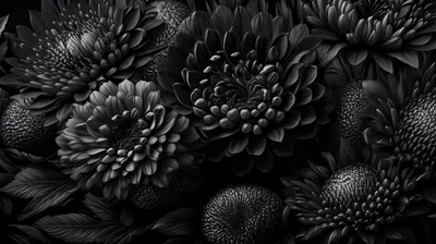 Layered dark blooms and leaves fill the frame edge to edge, each petal picked out only by its own shadow.
