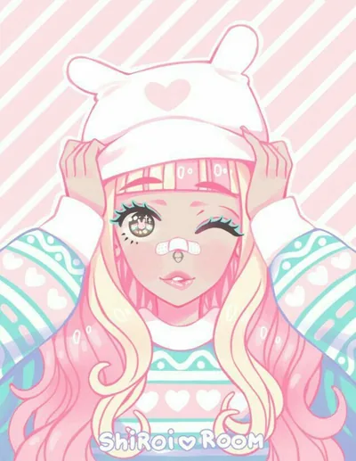 Under a white eared beanie she winks with a plaster on her nose, candy stripes running diagonally behind her heart patterned sweater.