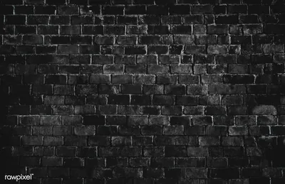 Rough painted brick in black and white, the mortar bright along the middle rows and the whole wall darkening steadily toward every edge.