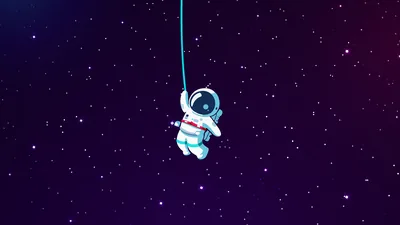 A small cartoon astronaut dangles from a thin cable in the middle of a flat purple star field, leaving wide empty space on both sides for icons.