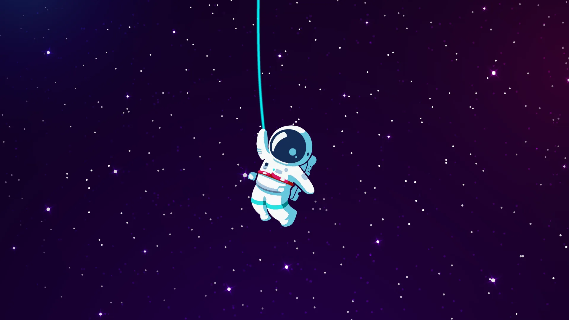 A small cartoon astronaut dangles from a thin cable in the middle of a flat purple star field, leaving wide empty space on both sides for icons.