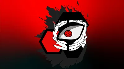 A single wrapped eye with the three-tomoe Sharingan sits inside a black hexagon, torn paint edges spreading across a deep red field.