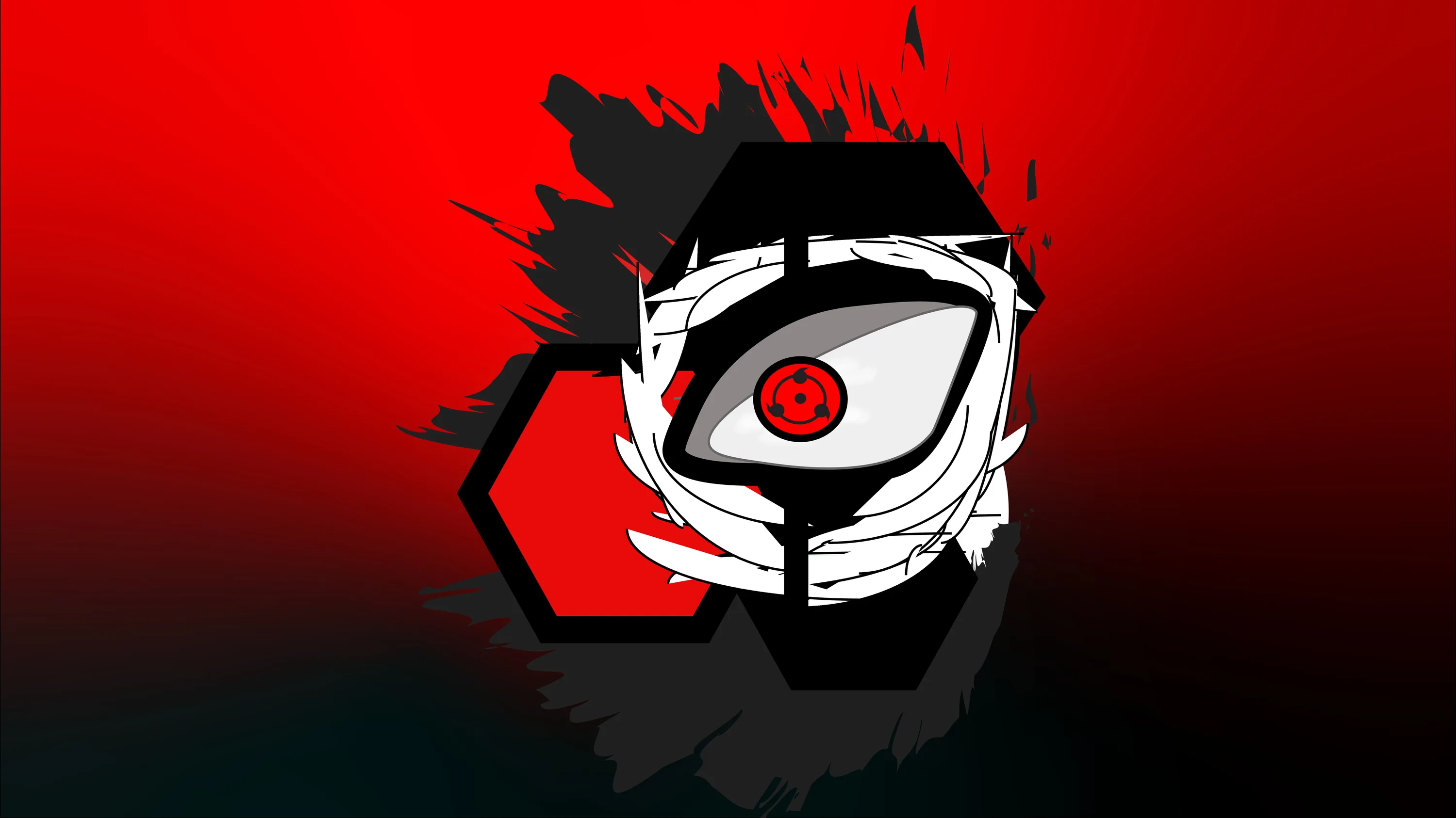 A single wrapped eye with the three-tomoe Sharingan sits inside a black hexagon, torn paint edges spreading across a deep red field.