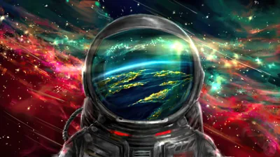 Digital painting of an astronaut, Earth's night lights reflected in the visor, red and teal star fields streaking past on both sides.