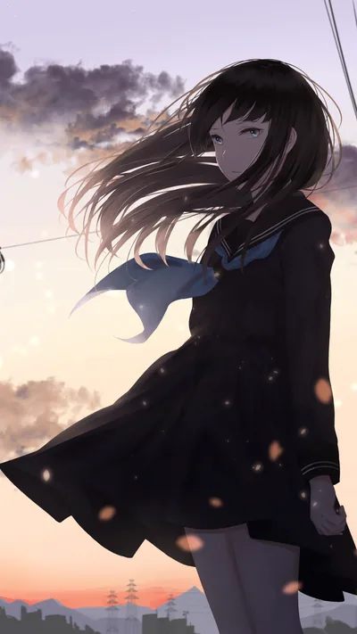 A schoolgirl stands eyes-closed in the wind at dusk, blue ribbon lifting from her dark sailor uniform against pastel sunset clouds and drifting petals.