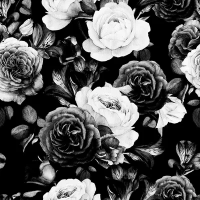Roses, peonies and buds crowd edge to edge over black, the pale blooms lit from the front and the leaves dropping into shadow. Seamless repeat.