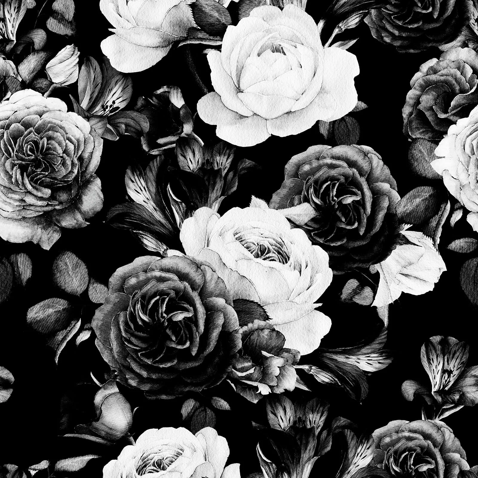 Roses, peonies and buds crowd edge to edge over black, the pale blooms lit from the front and the leaves dropping into shadow. Seamless repeat.