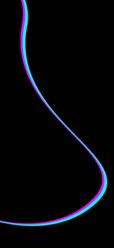 One thin line sweeps from the top edge down into a wide bend, its edge splitting into blue and magenta against pure black.
